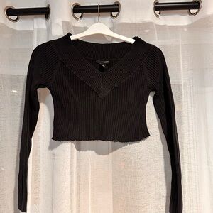 Black Ribbed V-Neck Women's Top